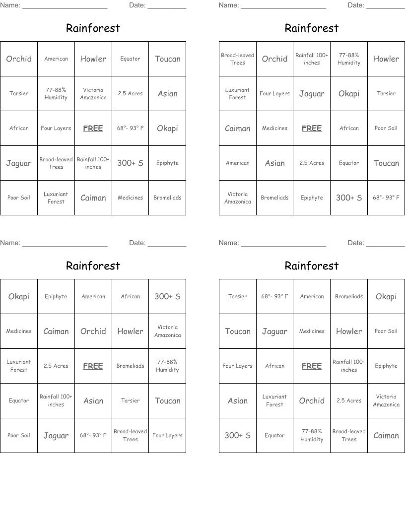 Rainforest  Bingo Cards