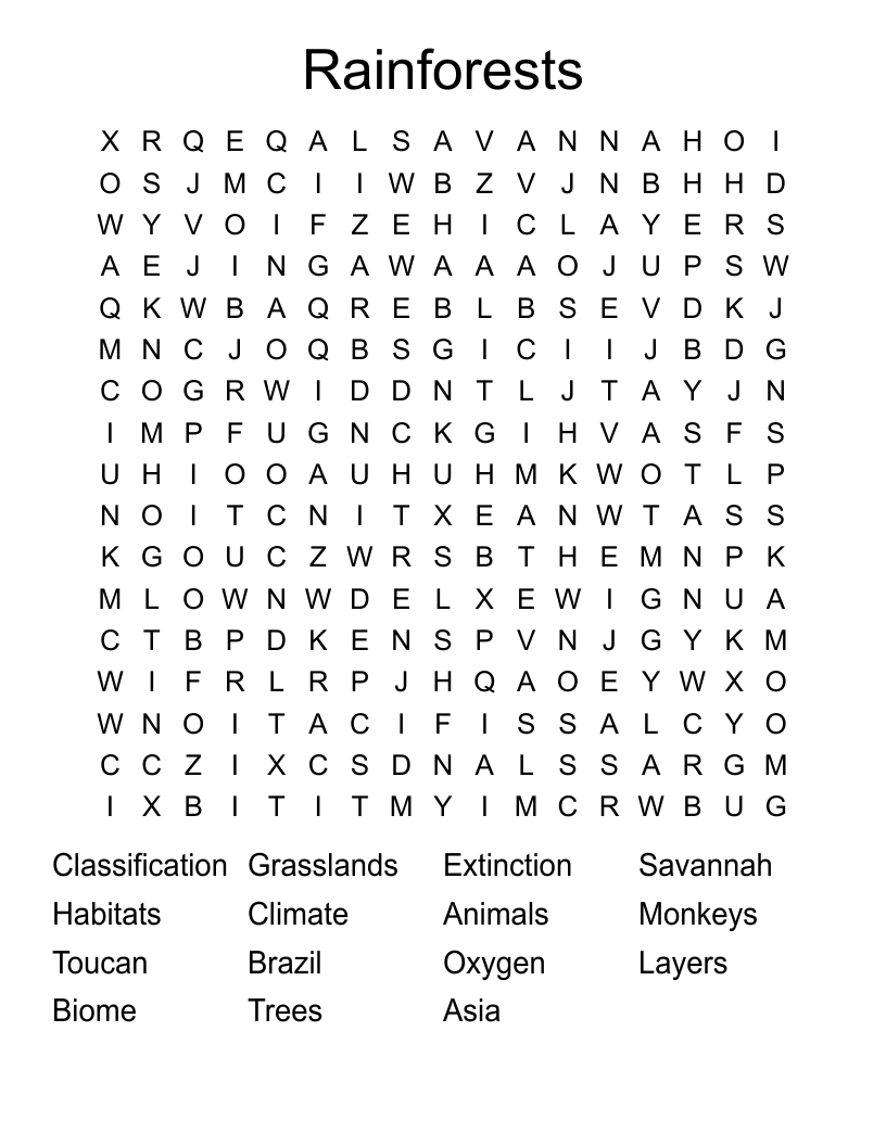 Rainforests Word Search