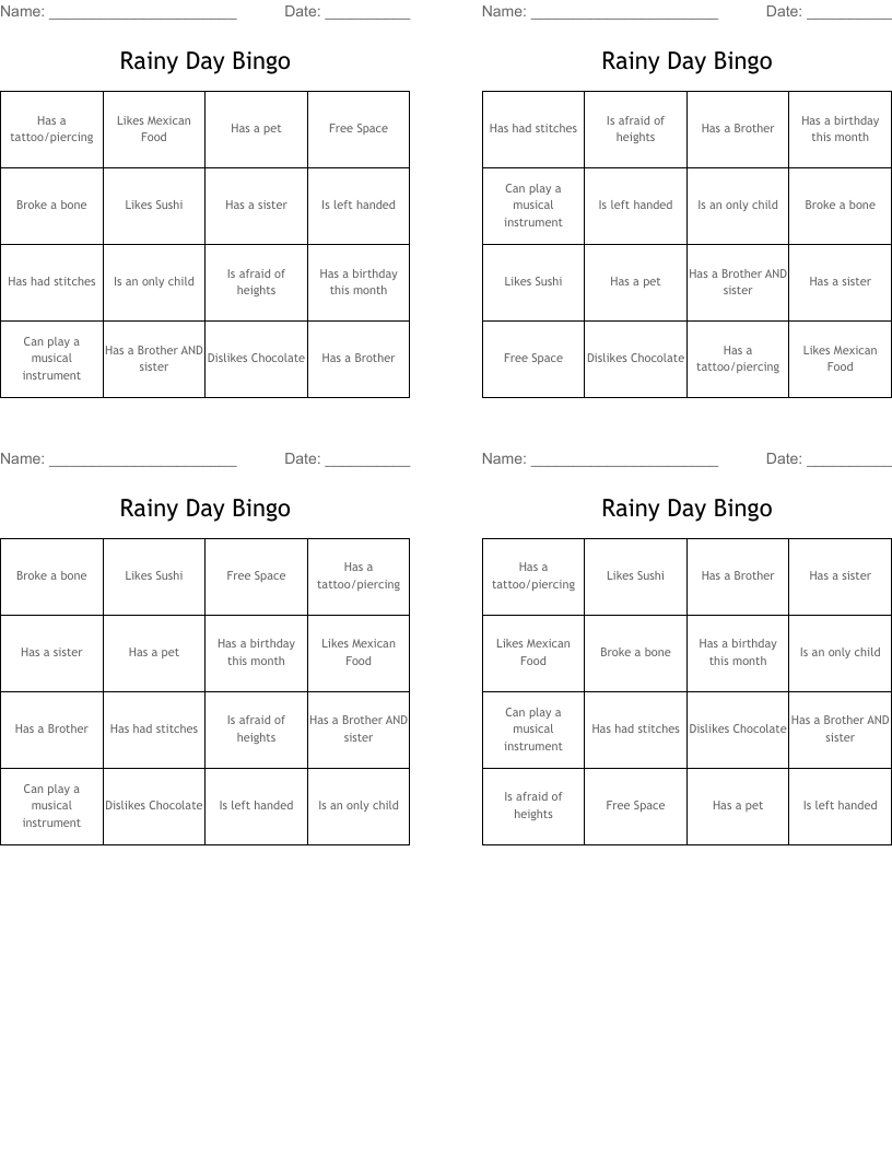 Rainy Day Bingo