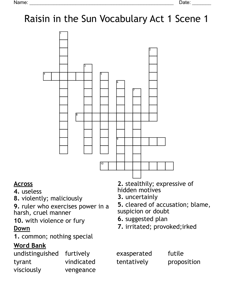 Raisin in the Sun Vocabulary Act 1 Scene 1 Crossword