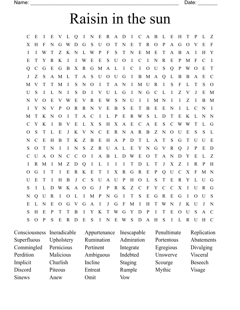 Raisin in the sun Word Search