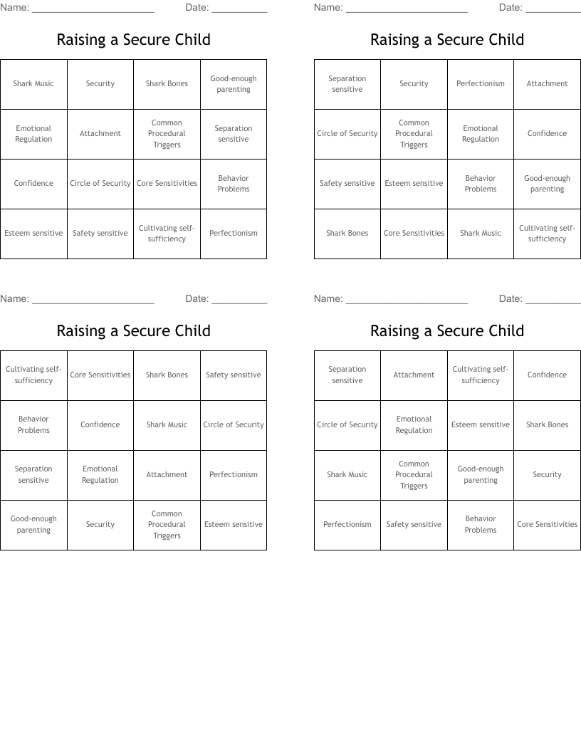 Raising a Secure Child Bingo Cards