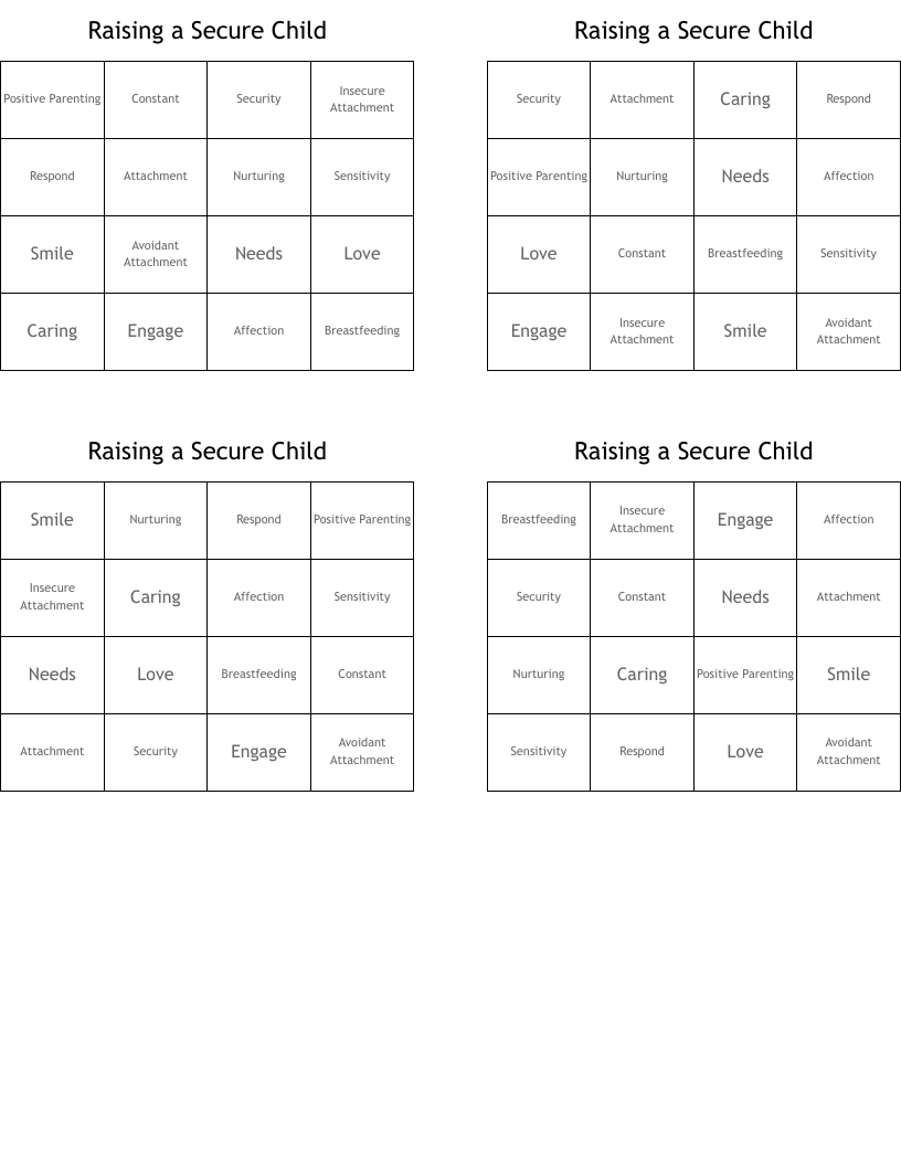 Raising a Secure Child Bingo Cards