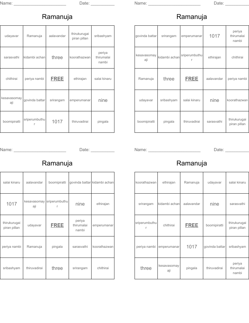 Ramanuja Bingo Cards
