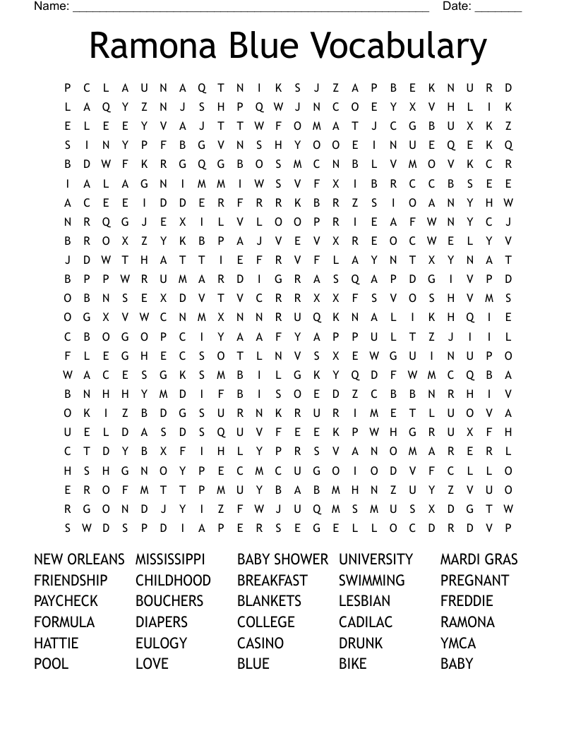 Ramona Blue Vocabulary Word Search