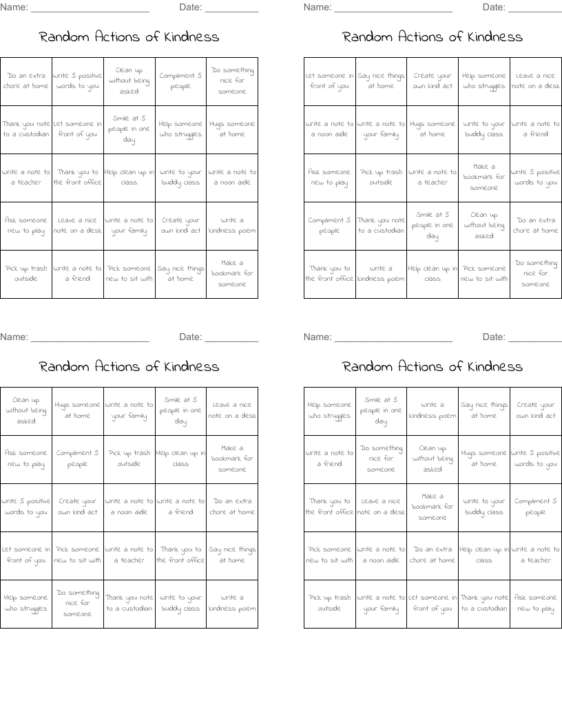 Random Actions of Kindness Bingo Cards