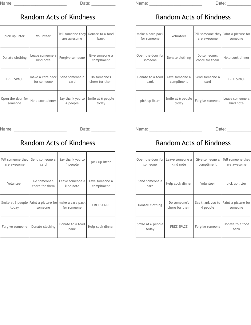 Random Acts of Kindness Bingo Cards