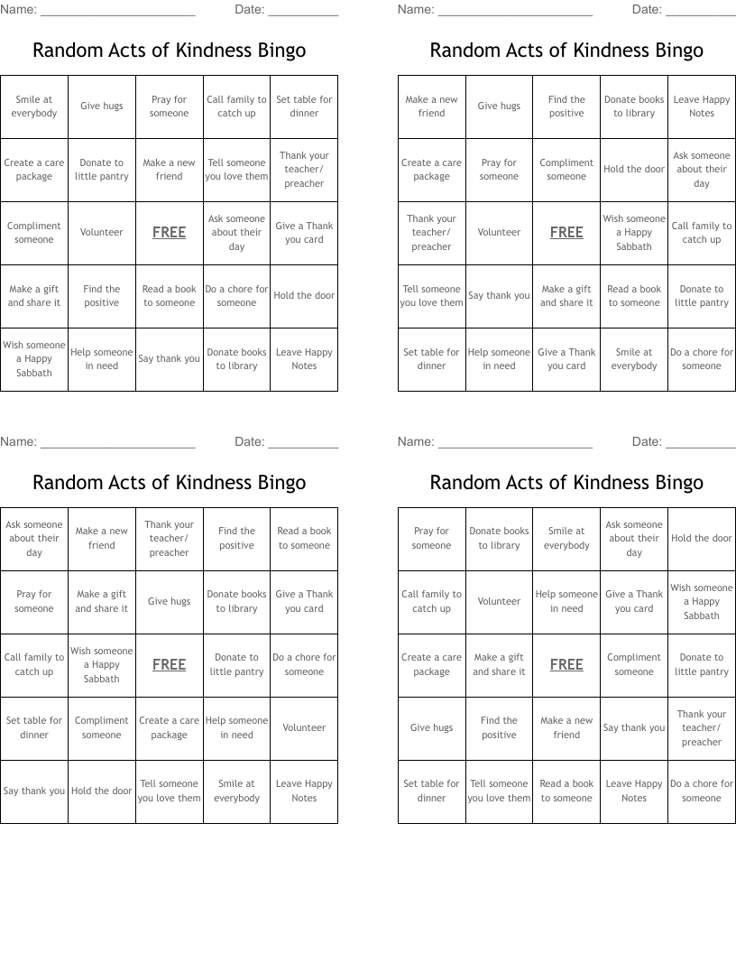 Random Acts of Kindness Bingo