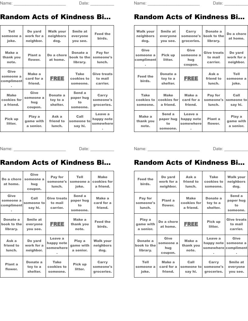 Random Acts of Kindness Bingo