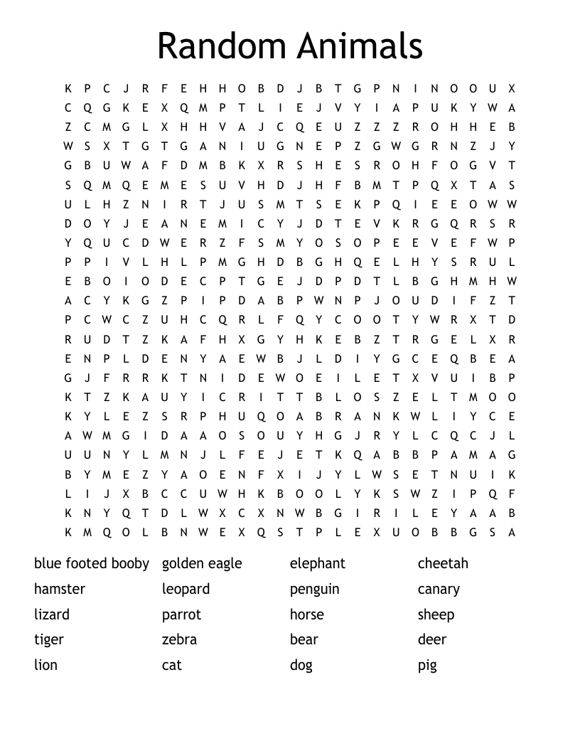 Random Animals Word Search
