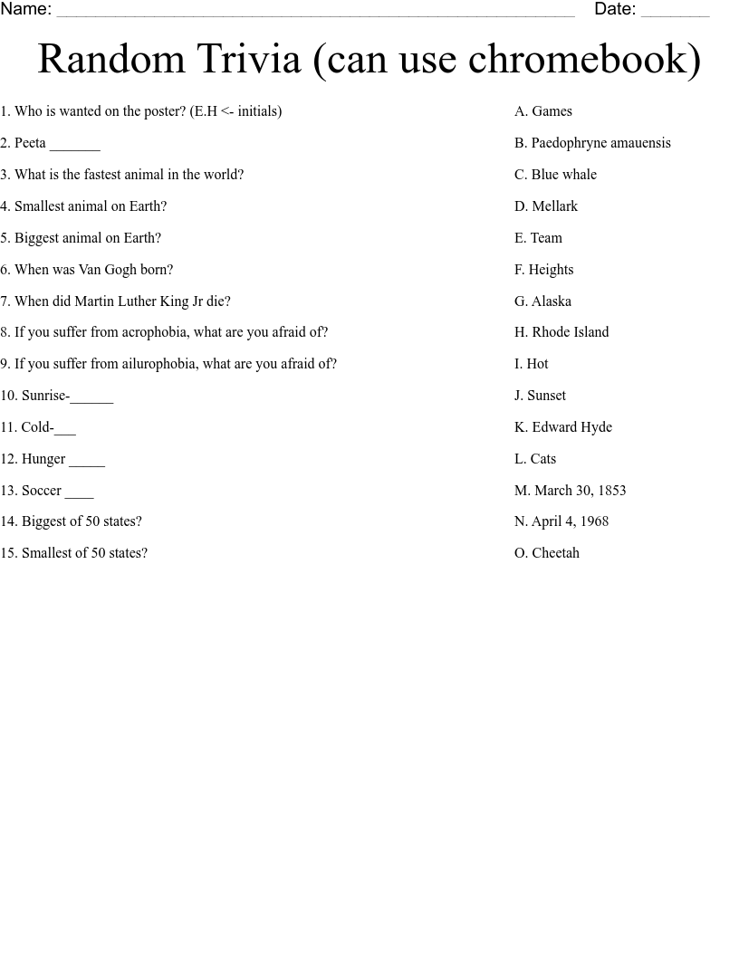 Random Trivia (can use chromebook)