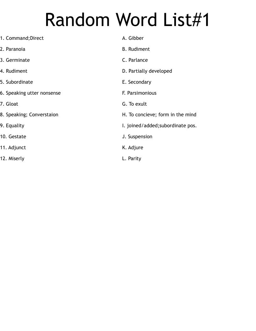 Random Word List#1 Worksheet