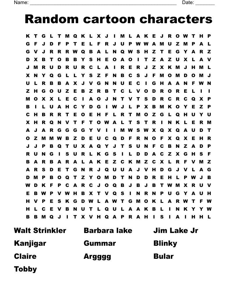 Random cartoon characters Word Search