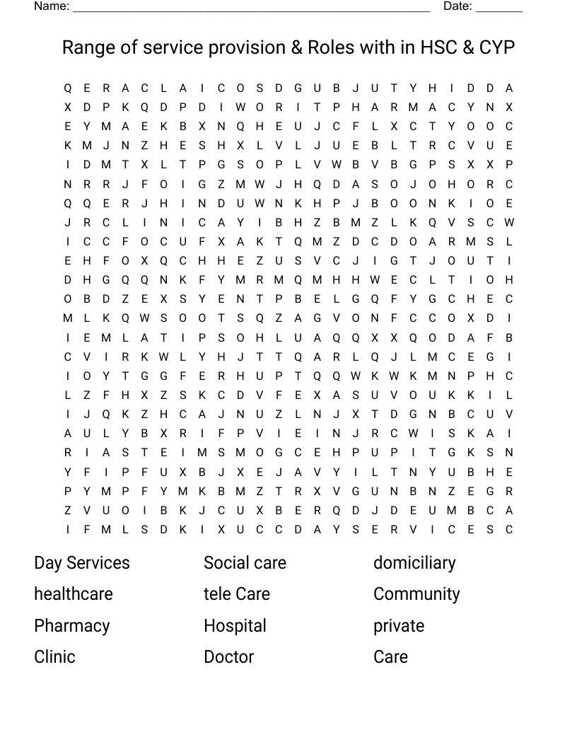 Range of service provision & Roles with in HSC & CYP  Word Search