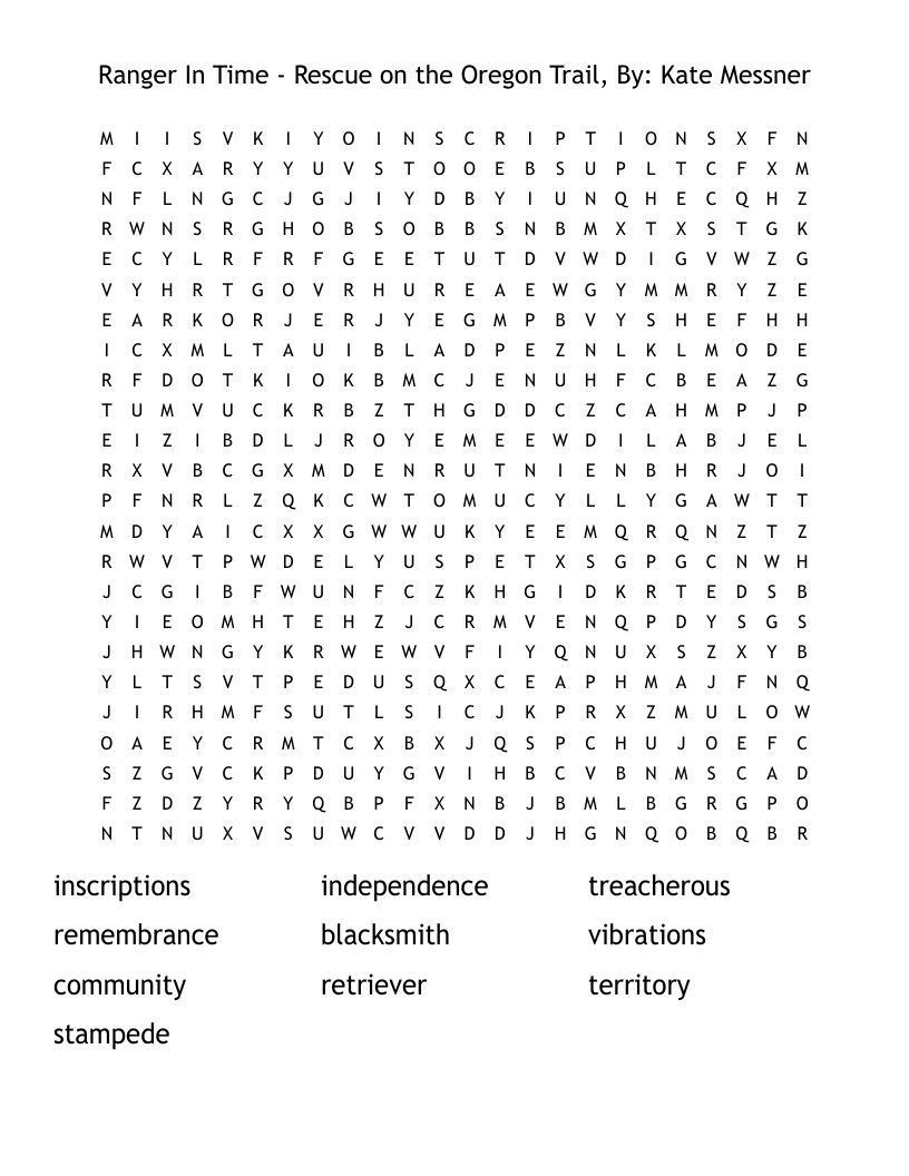 Ranger In Time - Rescue on the Oregon Trail, By:  Kate Messner Word Search