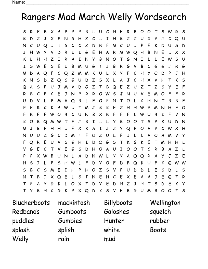 Rangers Mad March Welly Wordsearch
