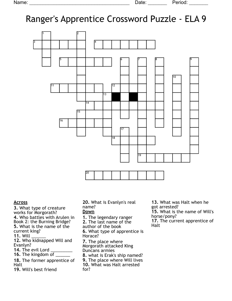 Ranger's  Apprentice Crossword Puzzle - ELA 9