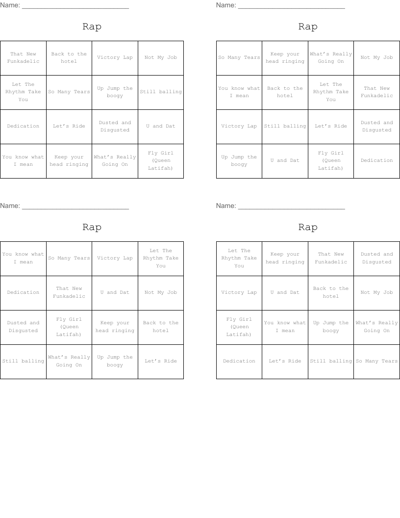 Rap Bingo Cards