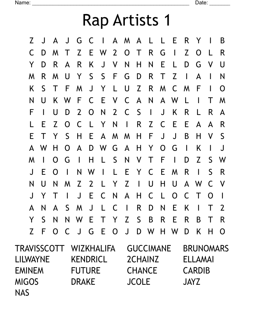 Rap Artists 1 Word Search
