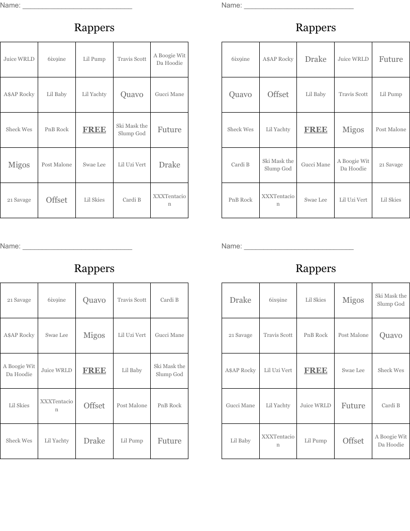 Rappers Bingo Cards