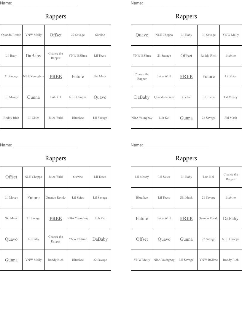 Rappers Bingo Cards