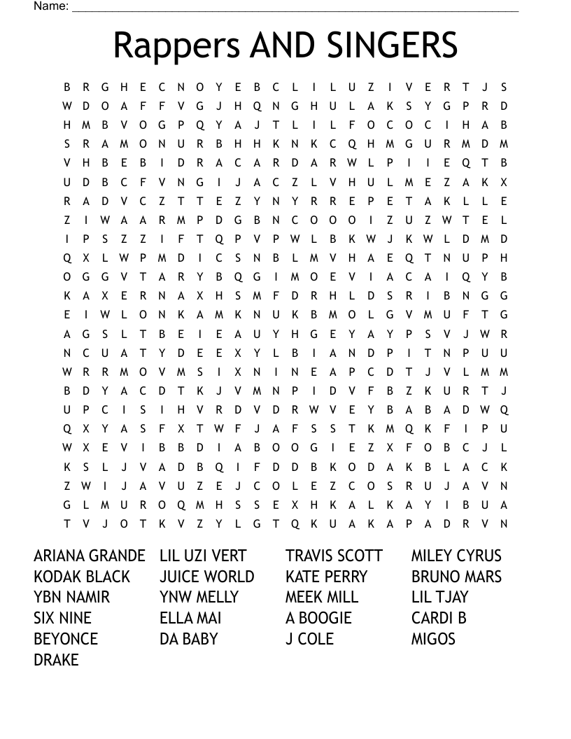 Rappers AND SINGERS Word Search