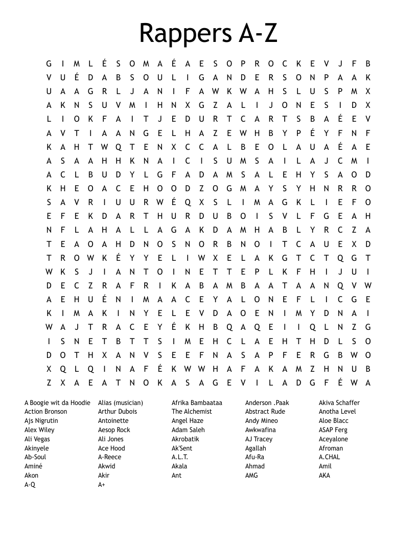 Rappers A-Z  Word Search