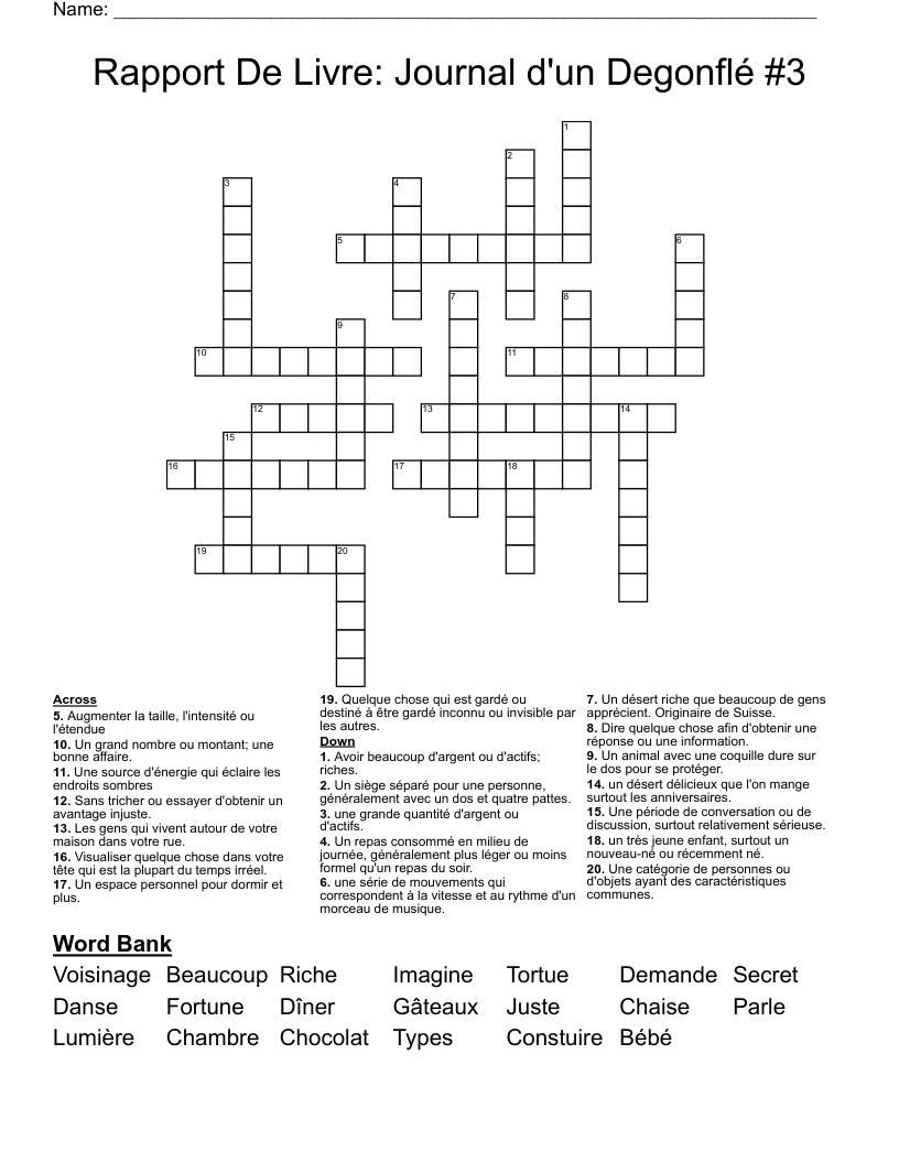 Rapport De Livre: Journal d'un Degonflé #3 Crossword