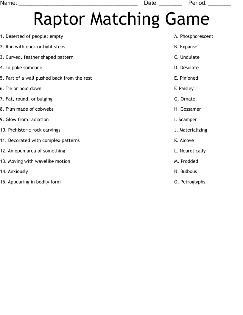 Raptor Matching Game Worksheet