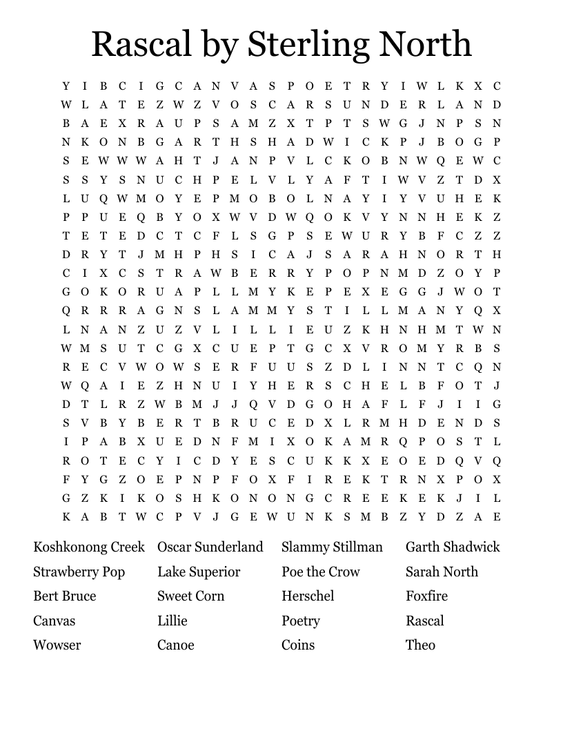Rascal by Sterling North Word Search