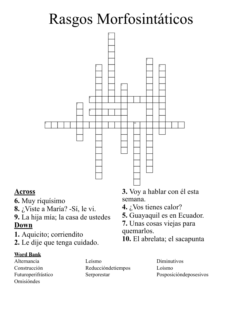 Rasgos Morfosintáticos Crossword