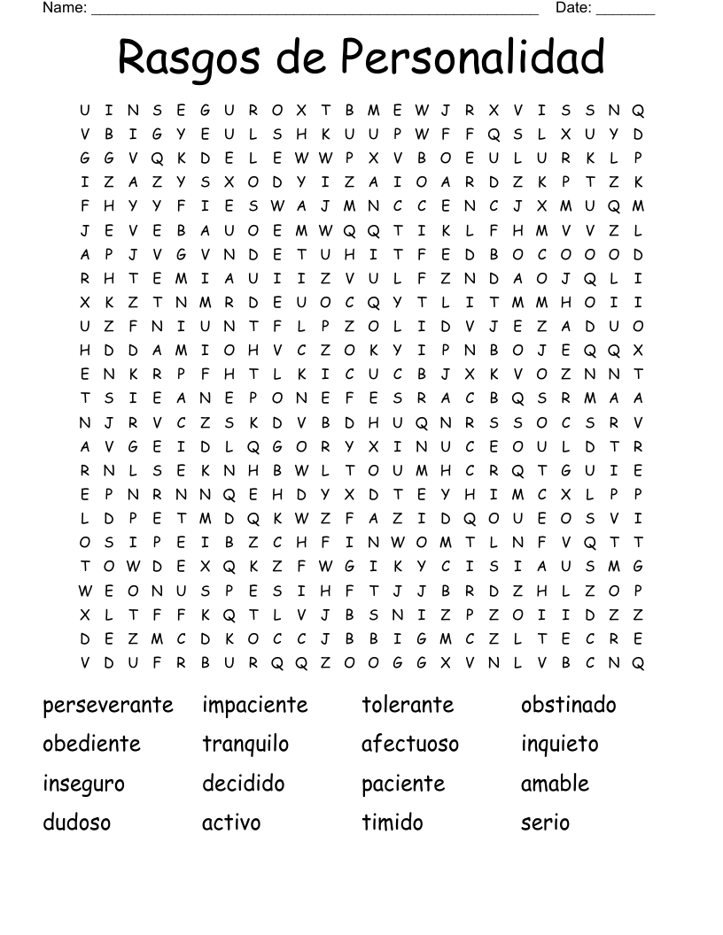 Rasgos de Personalidad  Word Search