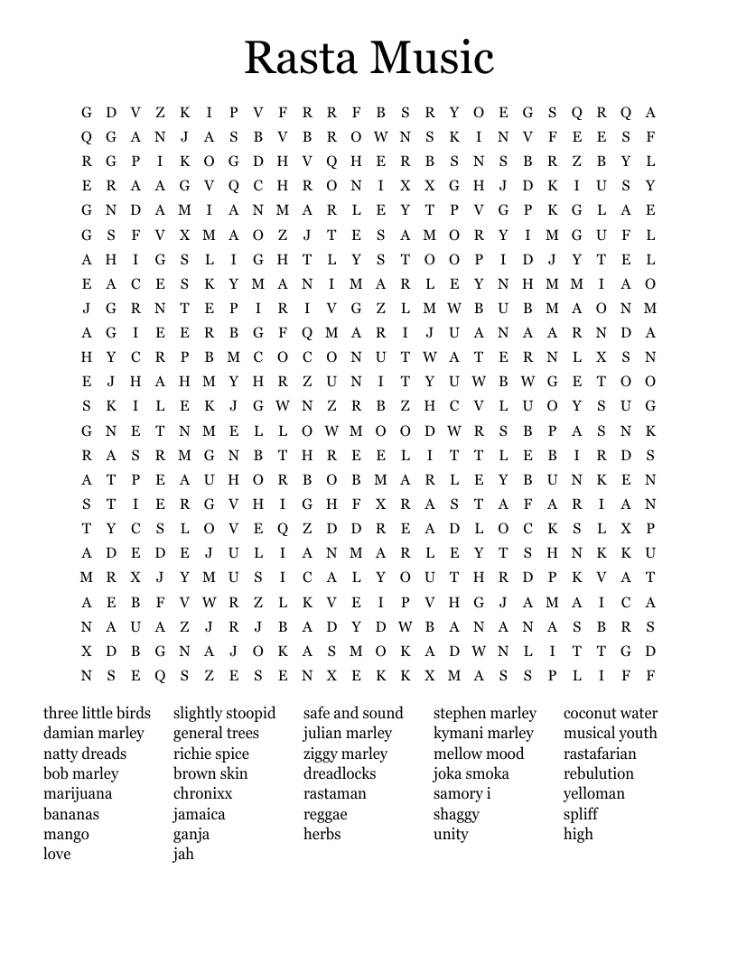 Rasta Music Word Search