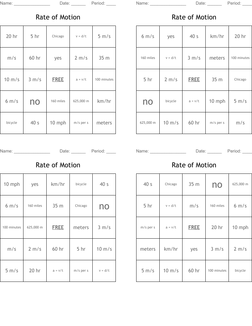 Rate of Motion Bingo Cards