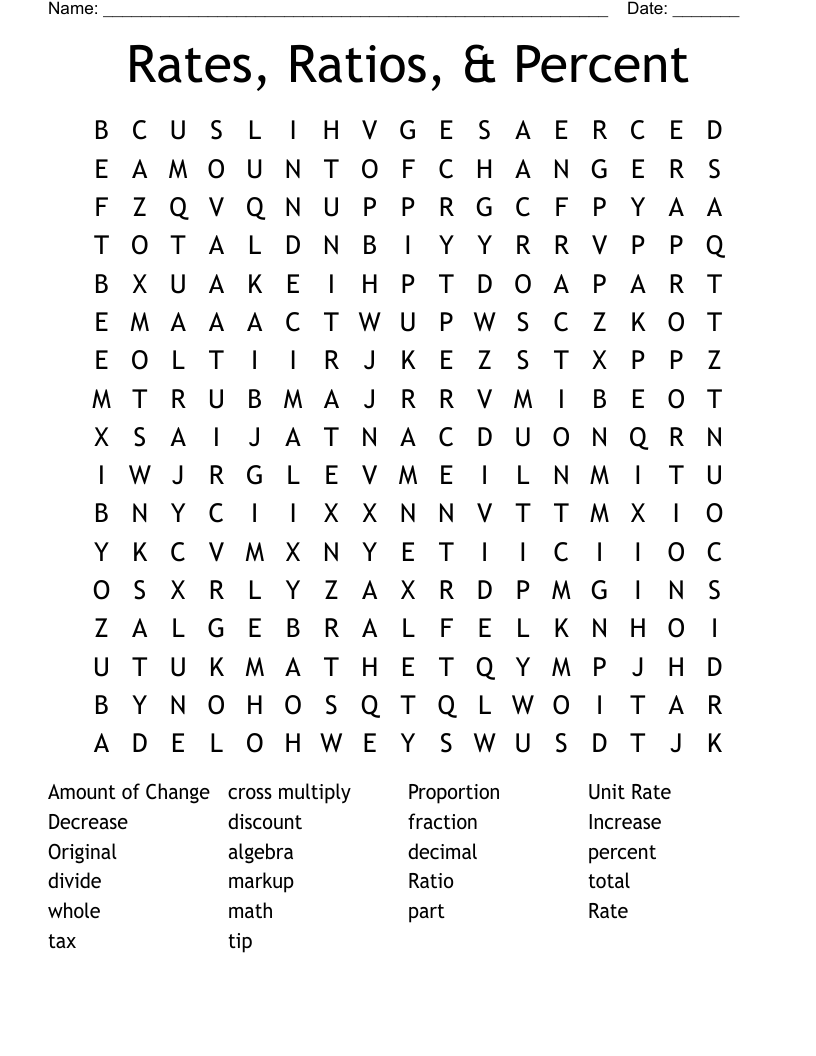 Rates, Ratios, & Percent Word Search
