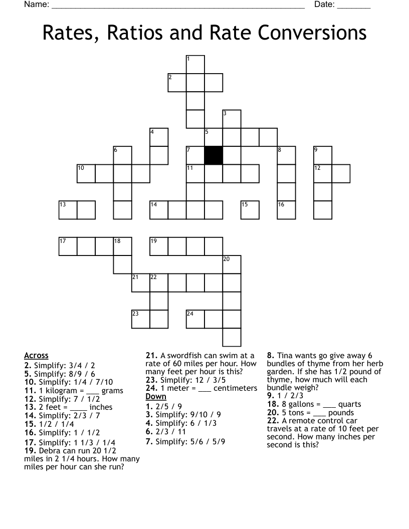 Rates, Ratios and Rate Conversions Crossword