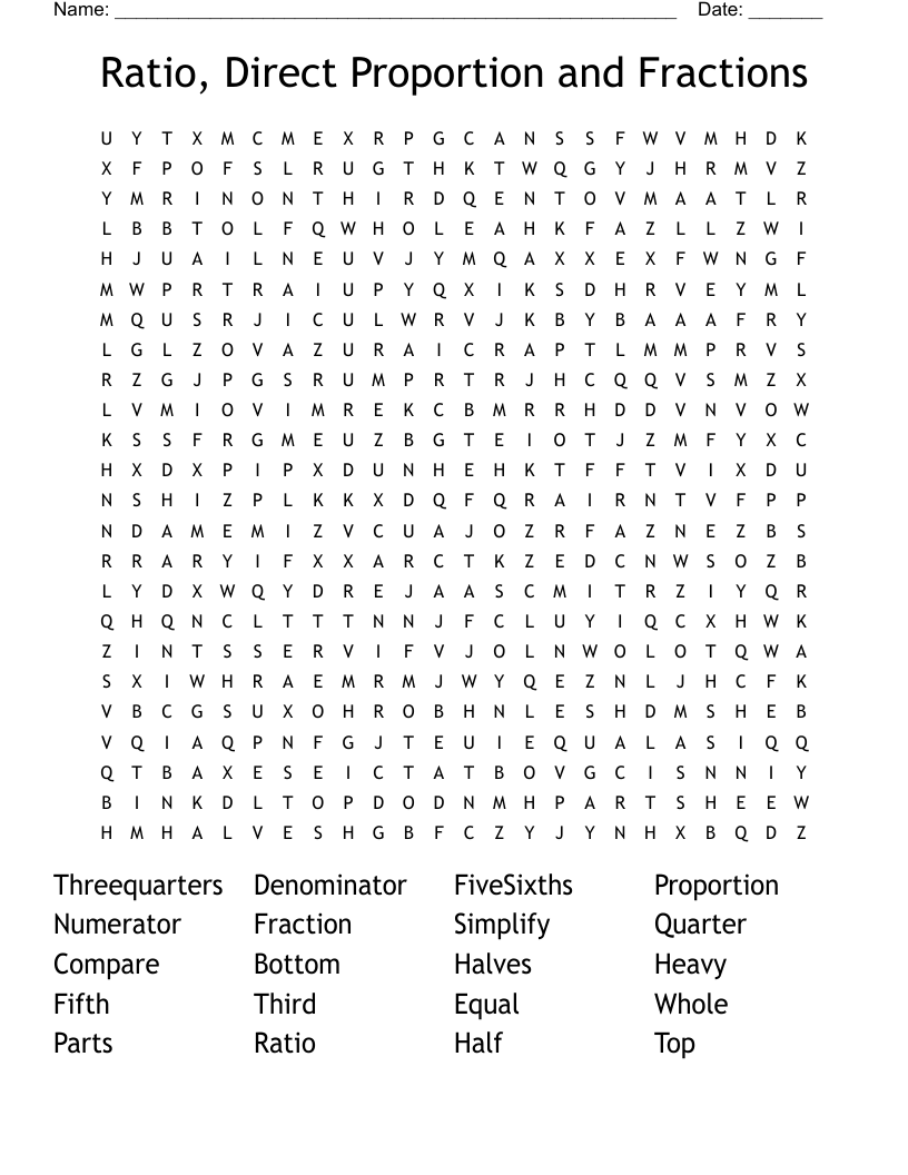 Ratio, Direct Proportion and Fractions  Word Search