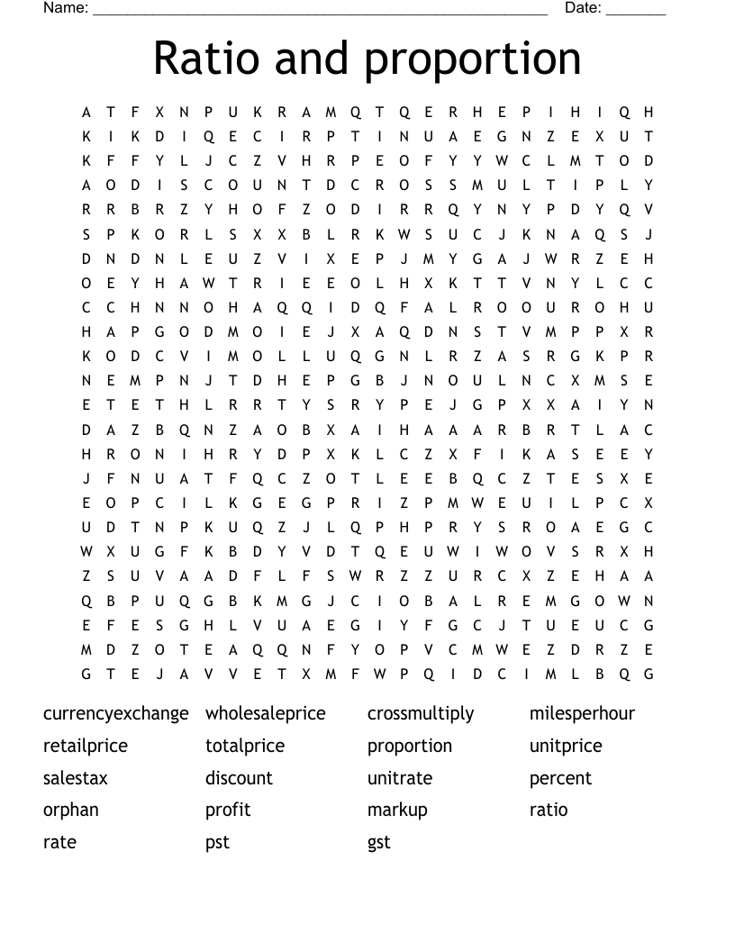 Ratio and proportion Word Search