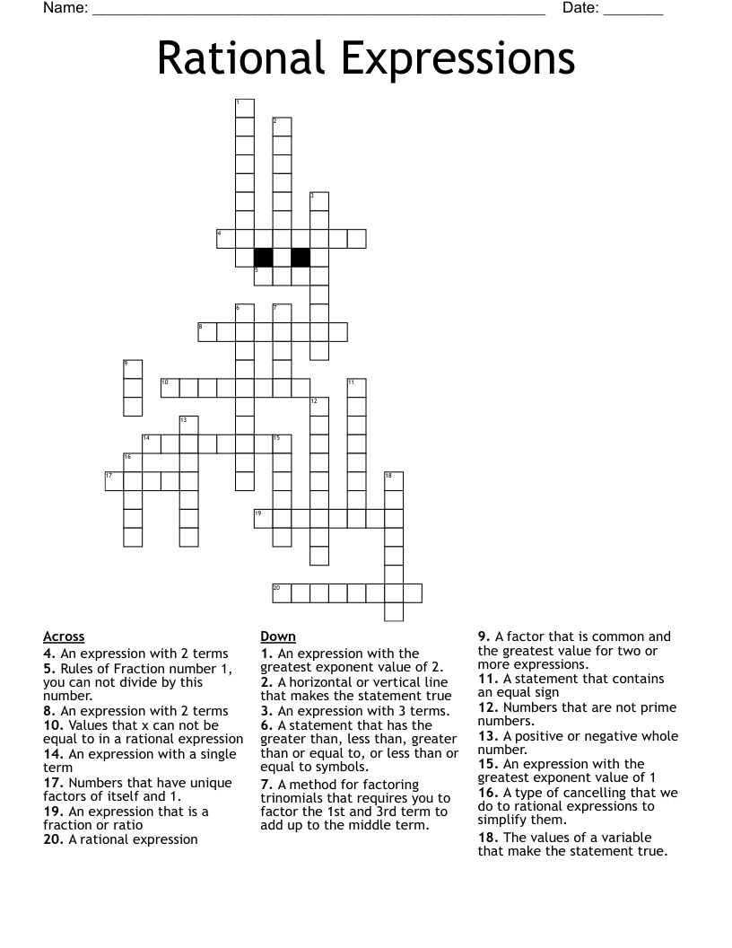 Rational Expressions Crossword