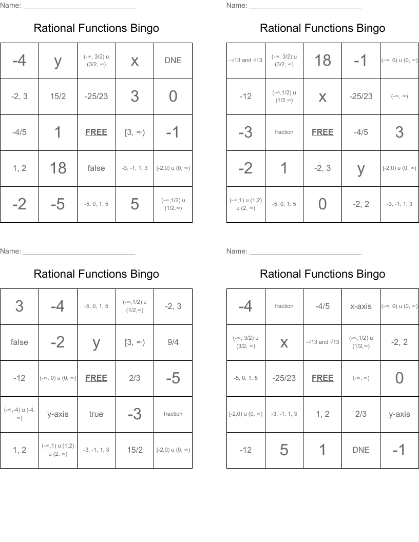 Rational Functions Bingo