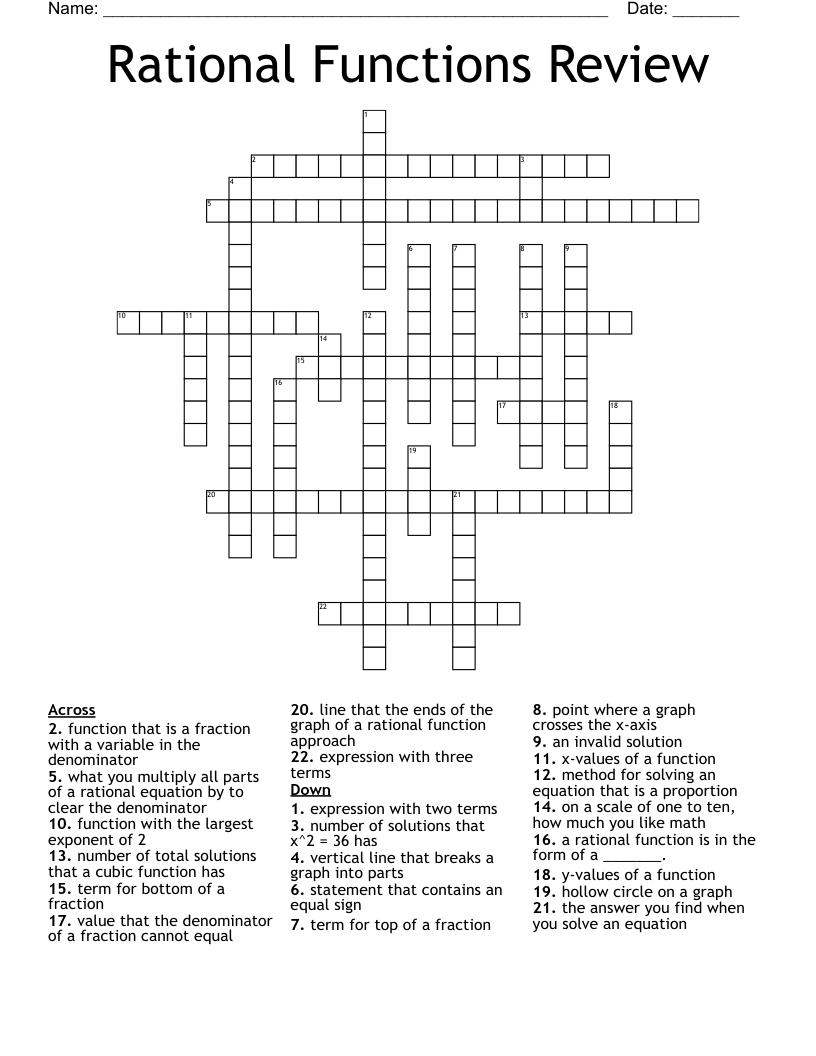 Rational Functions Review Crossword
