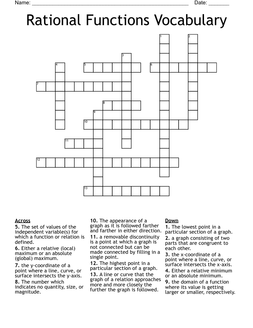 Rational Functions Vocabulary Crossword