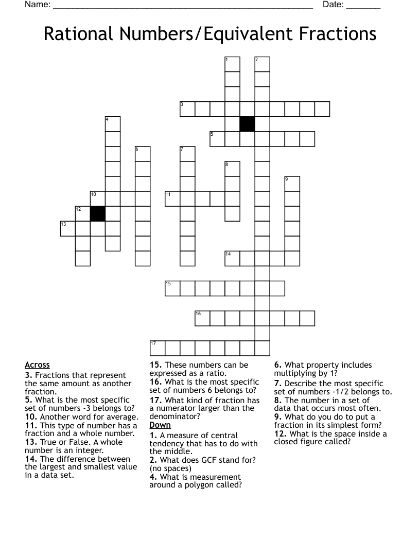 Rational Numbers/Equivalent Fractions Crossword