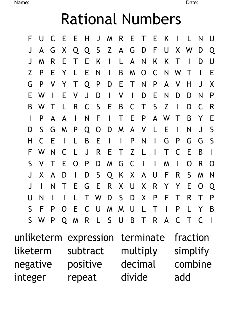 Rational Numbers Word Search