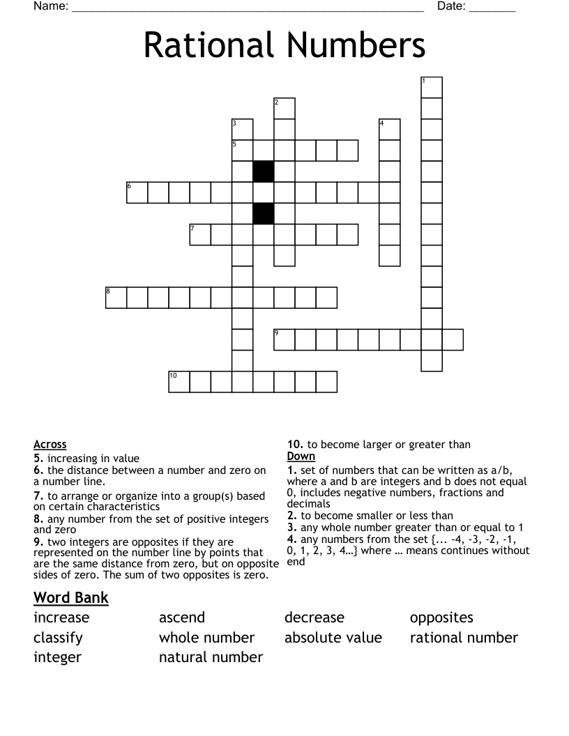 Rational Numbers Crossword