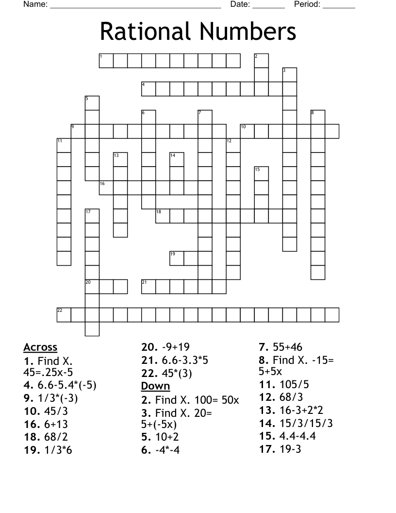 Rational Numbers Crossword