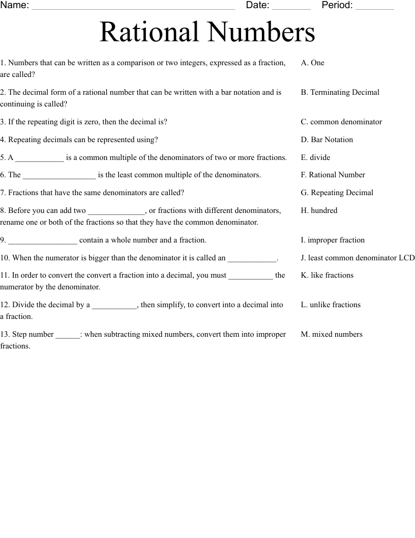 Rational Numbers Worksheet