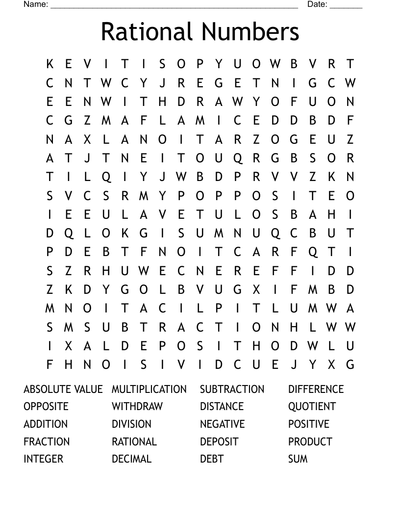 Rational Numbers Word Search