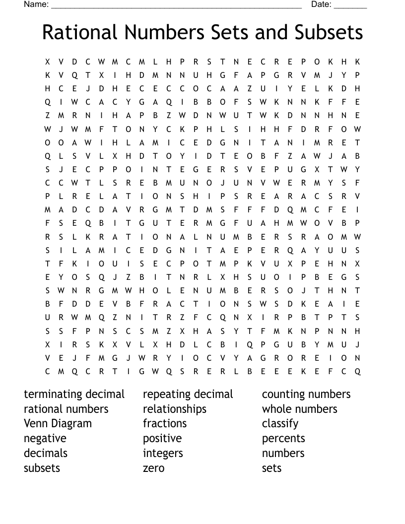 Rational Numbers Sets and Subsets Word Search