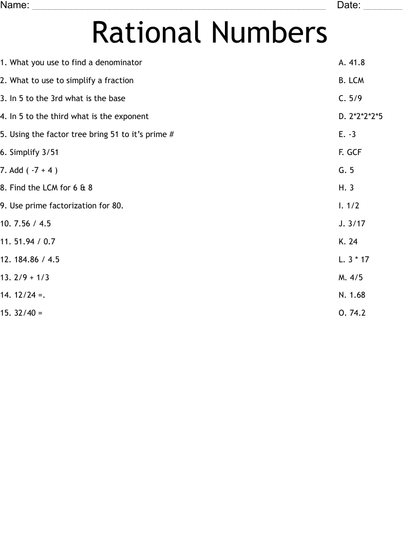 Rational Numbers  Worksheet